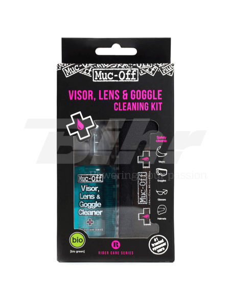 Kit Limpiador antibacteriano lentes y cascos Muc-Off Helmet & Visor Cleaner Spray 35ml + paño + bolsa transporte