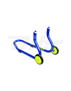 Caballete delantero Bihr para horquillas perforadas. Color azul y ruedas amarillas.