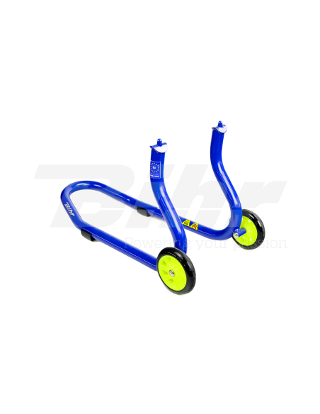 Caballete delantero Bihr para horquillas perforadas. Color azul y ruedas amarillas.