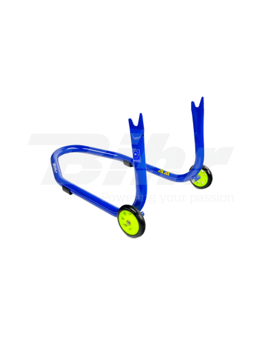 Caballete trasero Bihr con soportes en V para diábolos. Color azul y ruedas amarillas.