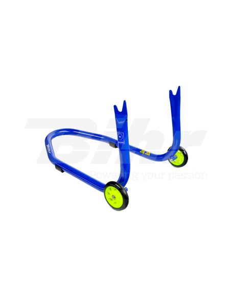 Caballete trasero Bihr con soportes en V para diábolos. Color azul y ruedas amarillas.