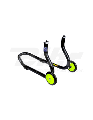 Caballete delantero Bihr para horquillas perforadas. Color negro y ruedas amarillas.